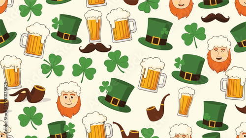 Traditional Irish holiday pattern showing beer mugs, leprechaun heads, shamrocks, smoking pipes, and hats on a cream-colored background.