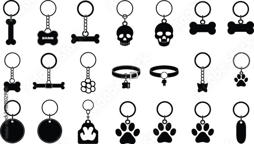 Black and white of various pet keychains bone skull