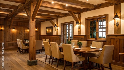 Warm-Toned Rustic Dining Area With Exposed Wooden Beams And Vintage Chairs, Cozy Farmhouse Interior Design With Natural Light, Wooden Textures, And Inviting Country-Style Ambiance