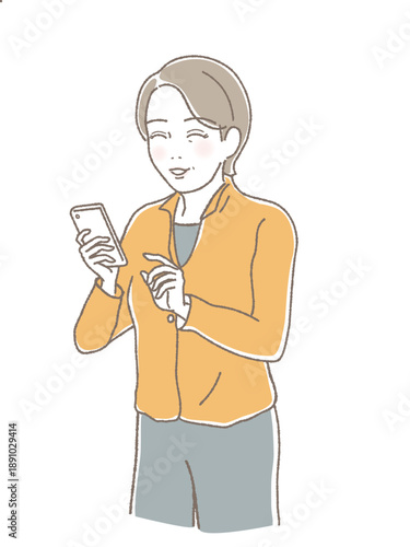 スマートフォンを見て喜ぶシニア女性のベクターイラスト、成功、安心、資産形成 (Happy senior woman smiling with a smartphone, success, reassurance, asset management, vector)