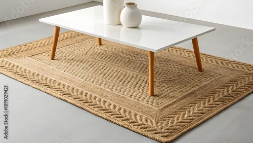 Cozy Modern Living Room Interior With Woven Jute Rug Under Minimalist Coffee Table, Natural Textures, Warm Sunlight And Neutral Tones Creating Inviting Earthy Home Decor Aesthetic