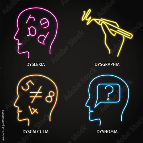 Neurodiversity symbols neon icon set. Dyslexia, dysgraphia, dyscalculia, dysnomia. Vector illustration