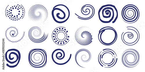 Collection of dark blue abstract spiral and circular white circle dots