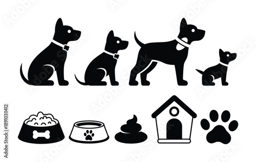 Collection of Dog-Related Breeds, Food, House, and Paw Print Vector illustration