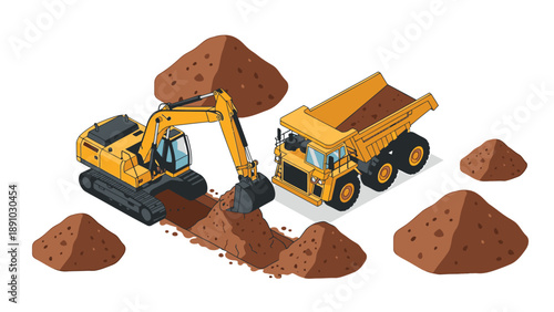 Heavy machinery excavator and dump truck working together moving brown soil piles on construction site