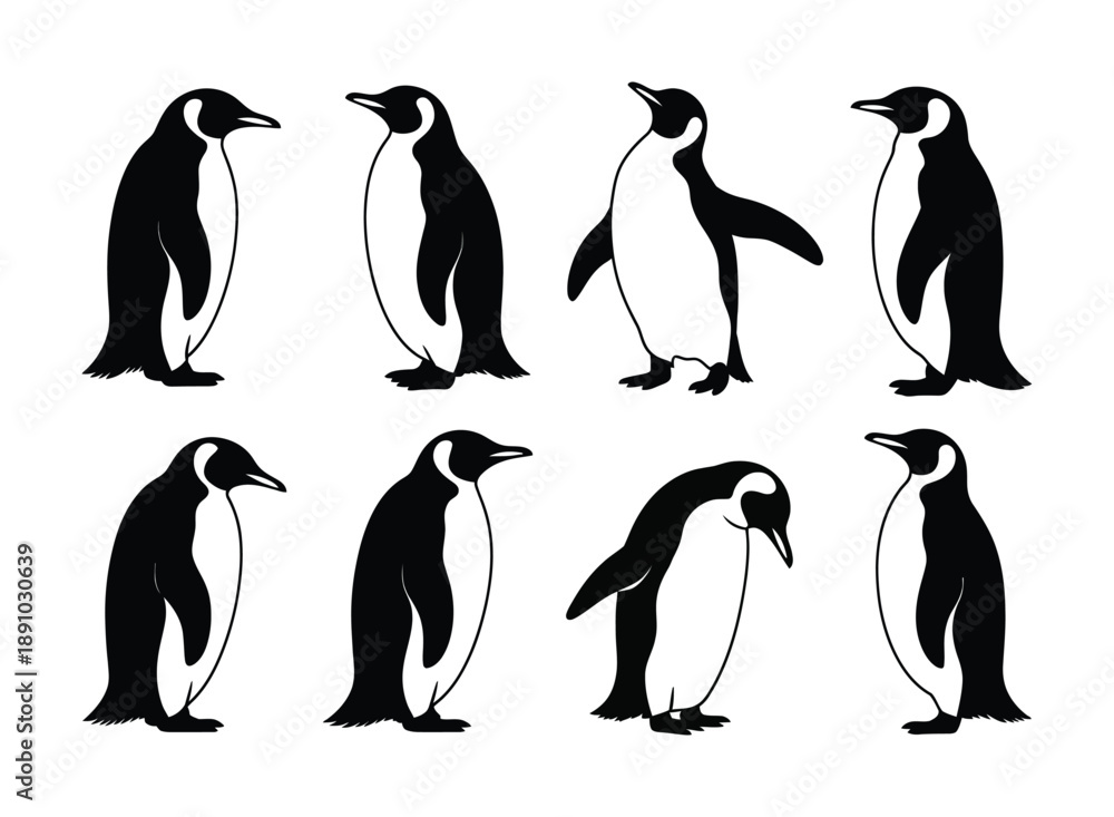 Obraz premium Collection of Eight Stylized Penguin Silhouettes in Various Poses Vector illustration