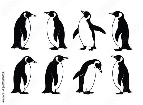Collection of Eight Stylized Penguin Silhouettes in Various Poses Vector illustration