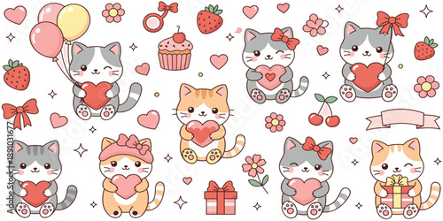 Cute Kawaii Cat Love Illustration Set with Adorable Cartoon Kittens Holding Hearts, Gifts, and Romantic Decorations for Valentine and Festive Designs