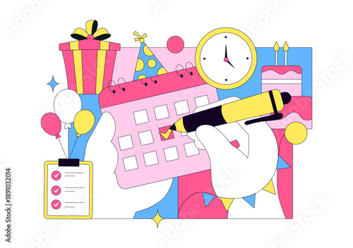 Event Planner Vector Illustration Featuring Party Decorations, Scheduling, Time Management, Business Agenda, And Calendar In Flat Style Background