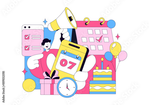 Event Planner Vector Illustration Featuring Party Decorations, Scheduling, Time Management, Business Agenda, And Calendar In Flat Style Background