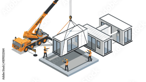 Modular home construction with crane and workers assembling prefabricated housing units on site
