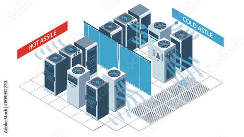 Data center cooling system architecture with hot and cold aisles for efficient server management