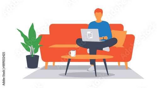 Man sitting on couch working on laptop with coffee and plant nearby relaxed home office setup