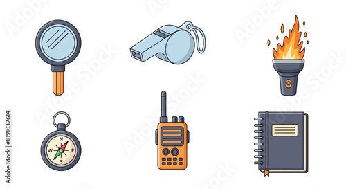Illustrations of essential tools for exploration and communication in various environments.