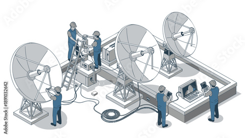Technicians operating satellite dishes and computer equipment in a technical workspace setting