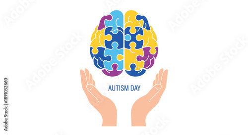 Autism Day awareness campaign with puzzle brain and hands