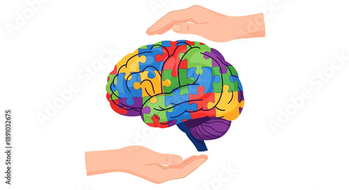 Hands protect a colorful brain with puzzle pieces, symbolizing mental health awareness.