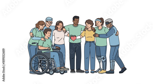 Diverse group of people with disabilities standing together in unity and support outdoors.