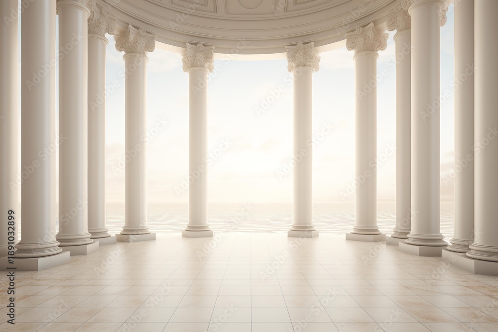 Naklejka premium White marble columns forming a circular structure overlooking a serene vast ocean and glowing sky