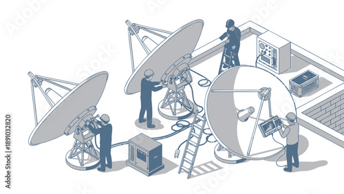 Technicians installing and maintaining large satellite dishes and equipment on a rooftop