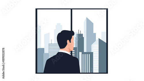 Businessman looking out office window at city skyline contemplating urban landscape