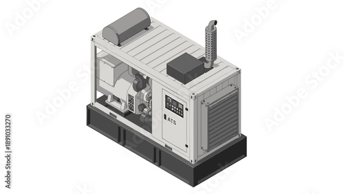 Industrial diesel generator with open panel and control display on white background