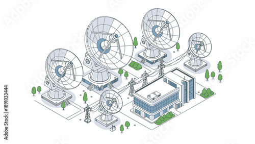 Satellite dish antennas and a building with a white background for communication technology