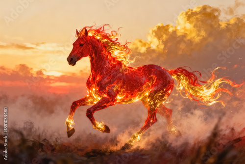 Fire Horse Mythical Creature Running at Sunset
