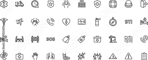 Emergency, First Aid and Public Safety Line Icon Set