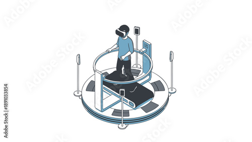 Man wearing vr headset exercises on futuristic treadmill with safety railings and screen