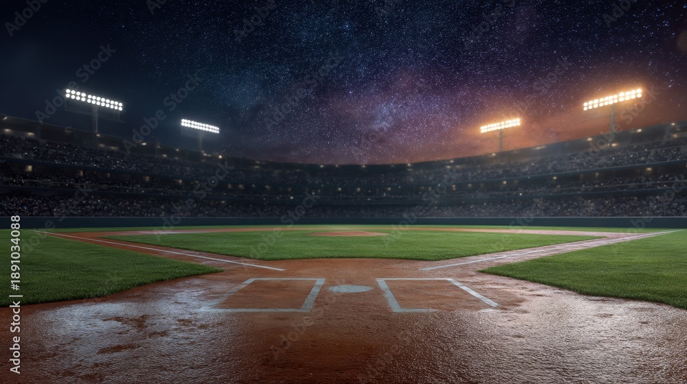 Obraz premium Empty outdoor baseball stadium at night with shining floodlights and a starry sky. Sport arena with green grass infield for event.