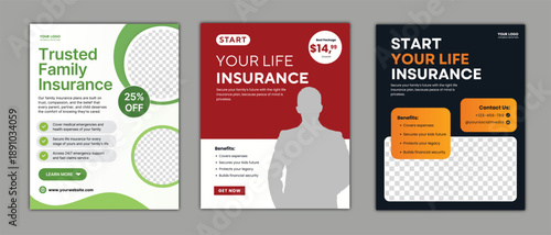 Family Life Insurance Poster Templates with Creative Geometric Design for Financial Security and Protection