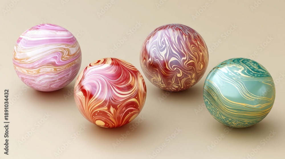 Fototapeta premium Four marble patterned Easter eggs with swirled designs. Festive spring holiday decoration for celebration.