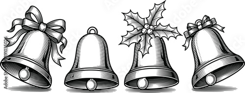 Christmas, bells, vintage, engraving, holiday, decoration, ribbon, holly, jingle, bell, black, and, white, vector, festive, winter, celebration, illustration, ornament, classicChristmas, bells