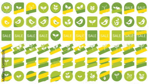 Collection of green and yellow sale icons and banners with leaves and product images for promotional graphic design elements