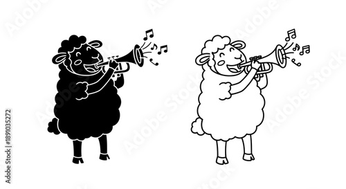 Funny sheep playing trumpet music illustration