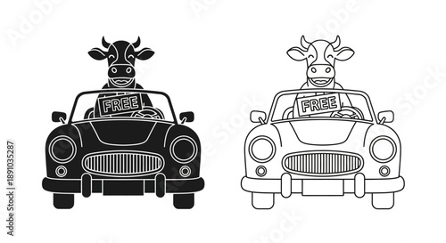 Funny cow driving vintage car illustration