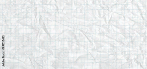 Crumpled paper or cardboard texture ideal for school education projects. Vintage notebook paper with blue line square graph grid on white background. Clean vector collage bg.