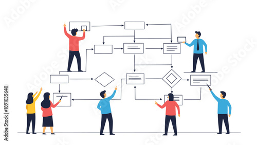 People working together on a complex flowchart with multiple branches and decision points