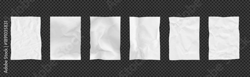 White crumpled paper overlay texture. Wrinkle effect teture vector sheet for poster, memo background or collage. Document design kit bundle clipart on like transparent png bg