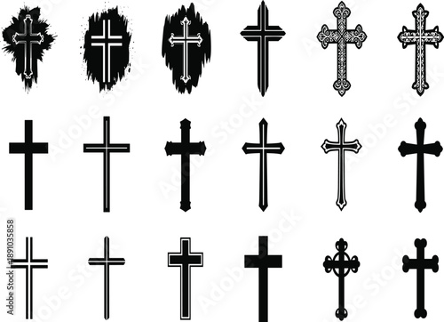 Christian cross symbols, religious icons, black silhouettes, faith, church, crucifix, vector set, isolated, spiritual, holy, catholic, design, illustration, minimal, worship, collectionChristian cross