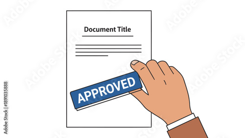 Hand holding approved stamp for document approval process with business paperwork