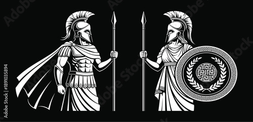 Ancient Greek warriors, Spartan soldiers, spear and shield, classical armor, black and white, vector illustration, mythology, history, heroic, engraving, vintageAncient Greek warriors