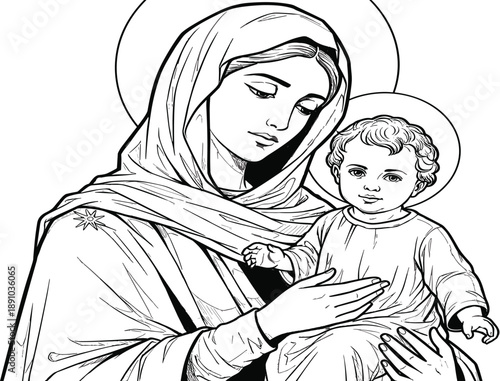 Virgin Mary, baby Jesus, Madonna and Child, religious line art, Christian icon, sacred illustration, black and white, holy, faith, vectorVirgin Mary, baby Jesus, Madonna and Child, religious line art