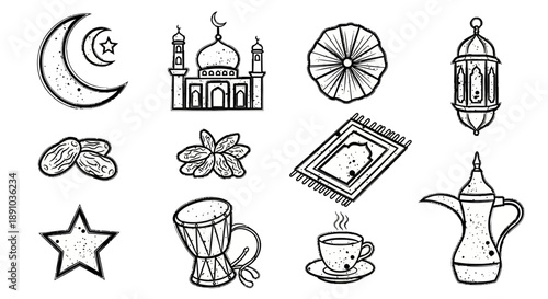 Collection of Islamic symbols and objects, including crescent, mosque, and teapot, in a simple line art style on a clean background