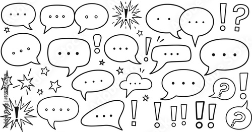 Hand Drawn Speech Bubble Doodle Vector Set with Chat Balloons, Exclamation Marks, Question Symbols, and Comic Dialogue Elements in Black and White