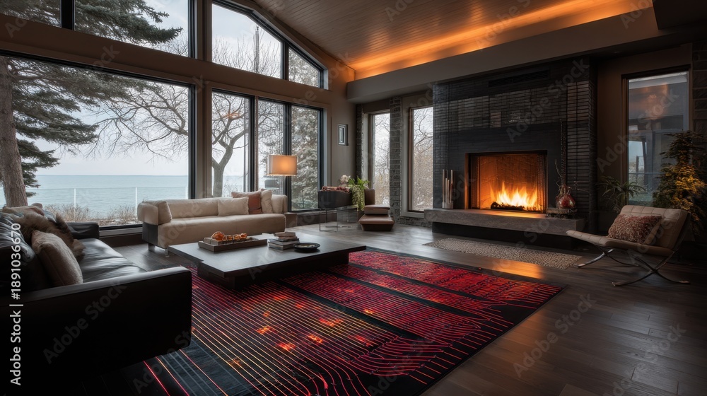 Obraz premium Modern luxury living room interior with a fireplace and large windows showcasing an ocean view. Contemporary home design for comfort and style.