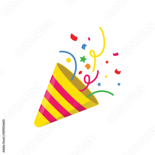 Party hat with confetti and ribbons. exploding cartoon birthday cracker. congratulate and celebrate elements. confetti for parties and holidays. vector illustration