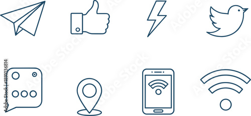 Outline UI Icon Set with Paper Plane, Thumbs Up, Lightning, Social Media, Chat, Location, Smartphone, and WiFi Symbols for App Interfaces