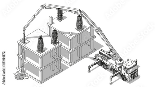 Concrete pump truck pouring concrete into building construction site with multiple chimneys and structural framework